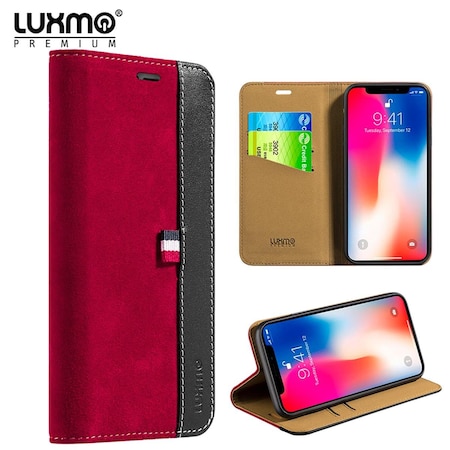 Apple LPFIPX-YACHT-RD Luxmo The Yacht Series Premium Two Tone Suede Real Leather Wallet Case For IPhone X - Red
